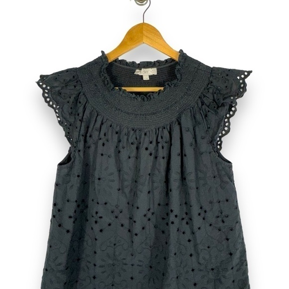4 for $40 SALE! LOFT Eyelet Smocked Neck Flutter Sleeve Top, Black, Size M - Picture 3 of 11